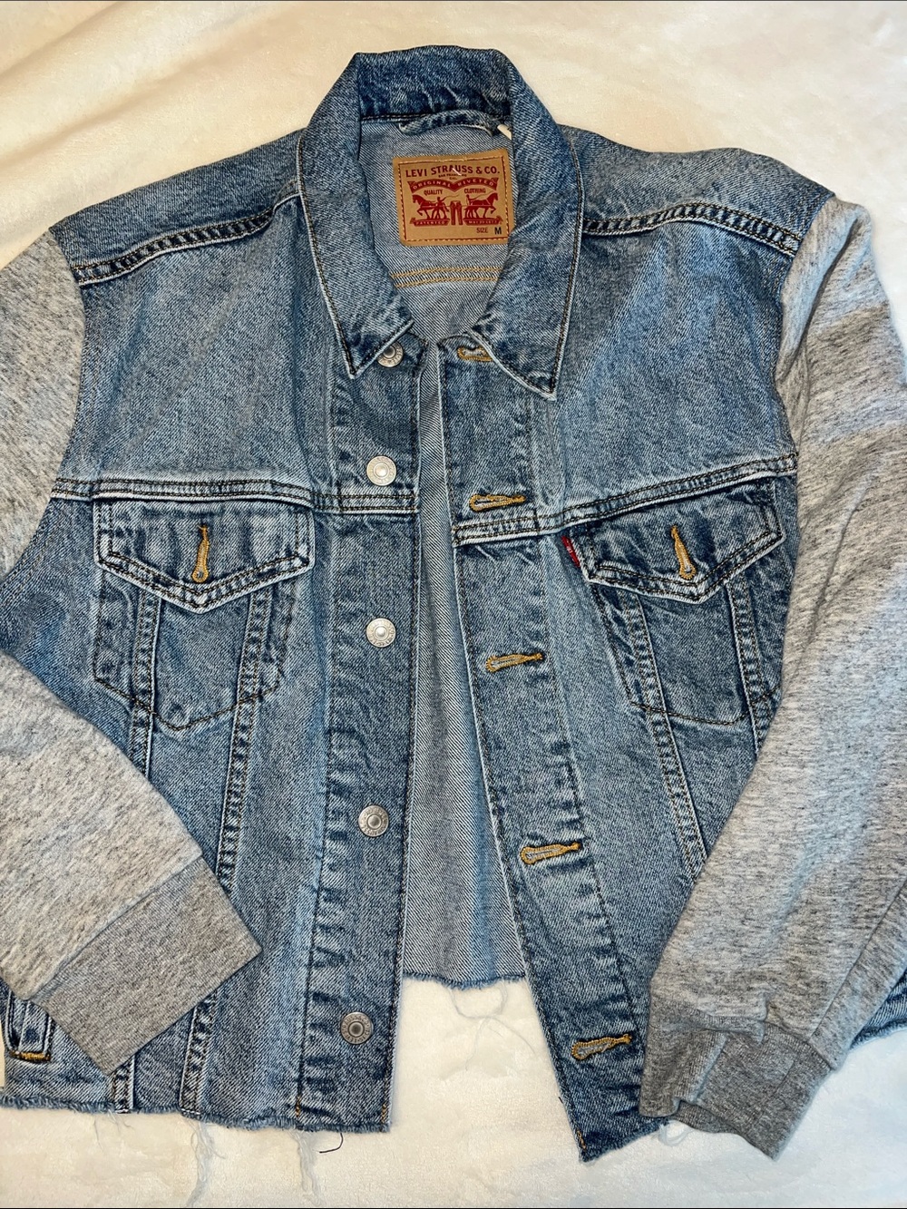 Levi's Cropped Denim Jacket with Gray Knit Sleeves